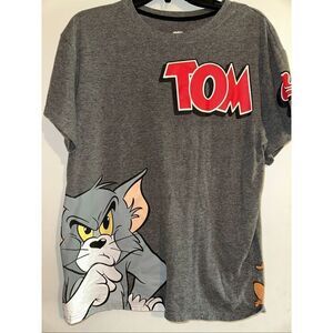 Tom And Jerry Graphic Print Cartoon Logo Grey Double Sided Size L T-shirt